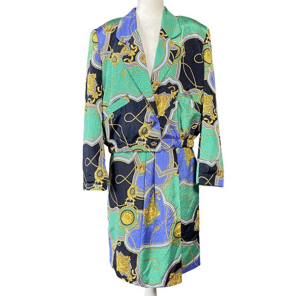 Vintage SK & Company Blazer Skirt Set Womens 10 Nautical Print Gold Buttons 90s‎